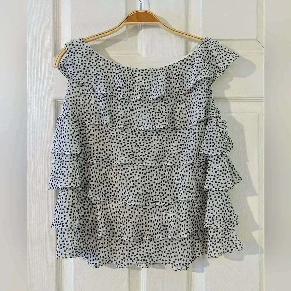 Polka Dot Ruffle Sleeveless Blouse Layered Top Sheer Elegant Party